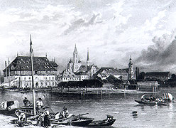 Alte Ansicht des Konstanzer Hafens mit dem Konzilsgebäude auf der linken Seite